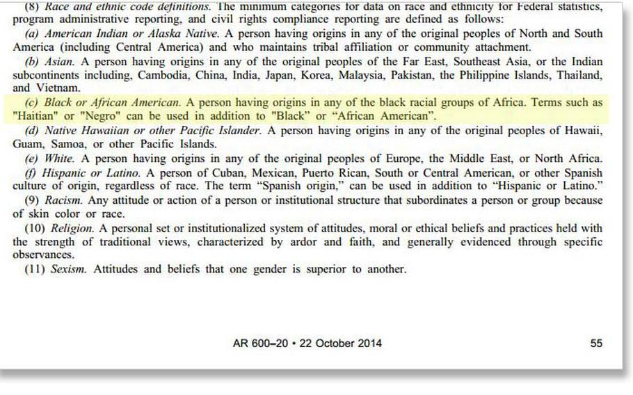 An excerpt from page 55 of Army Regulation 600–20 'Army Command Policy' defines alternate terms for black or African-American.