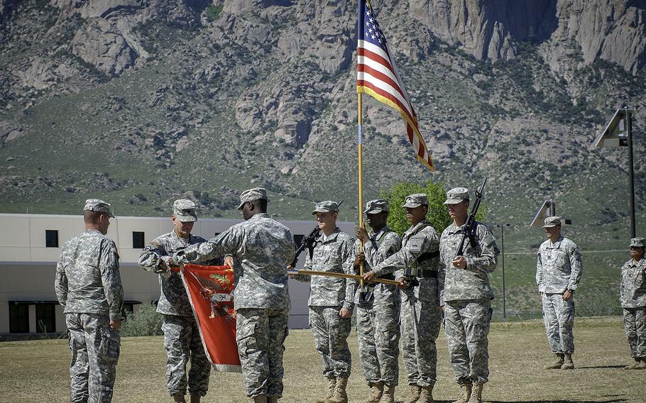 Members of the Army's 2nd Engineer Battalion 'Case the Colors' at White Sands Missile Range in New Mexico on Thursday, April 30, 2015. Troops from the battalion are heading to Fort Bliss and other locations in the United States.