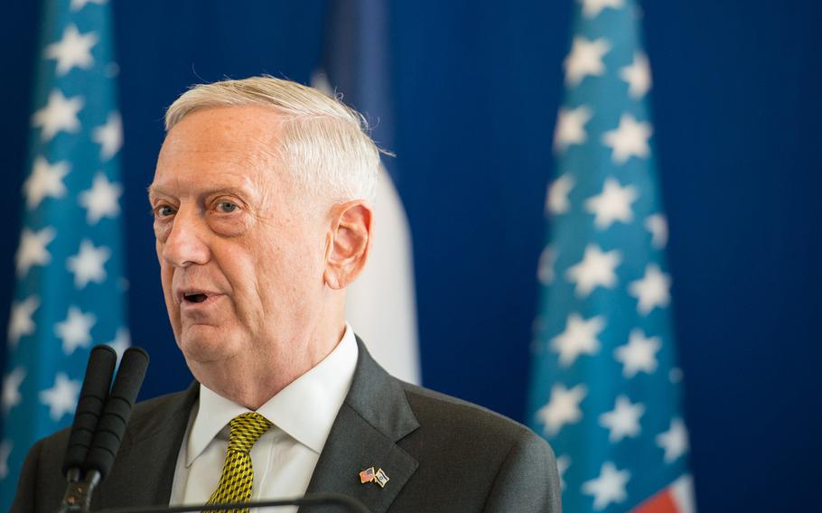 U.S. Defense Secretary Jim Mattis speaks to reporters at the Israeli Ministry of Defense in Tel Aviv on Friday, April 21, 2017.