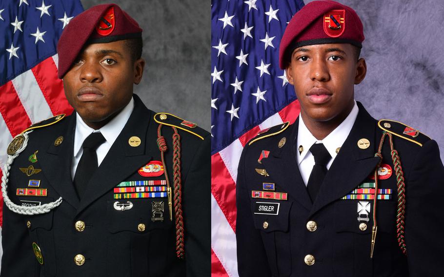 Sergeant Roshain E. Brooks, left, and Sergeant Allen L. Stigler Jr., right, were canon crewmembers assigned to 2nd Battalion, 319th Airborne Field Artillery Regiment, 2nd Brigade Combat Team, 82nd Airborne Division.