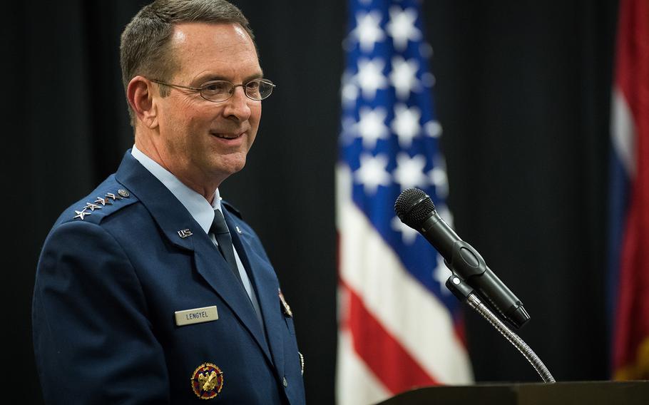 Gen. Joseph L. Lengyel, Chief of the National Guard Bureau, addresses the audience March 28, 2019, in Cheyenne, Wyo., after Maj. Gen. Gregory Porter assumed command as the Wyoming National Guard adjutant general.