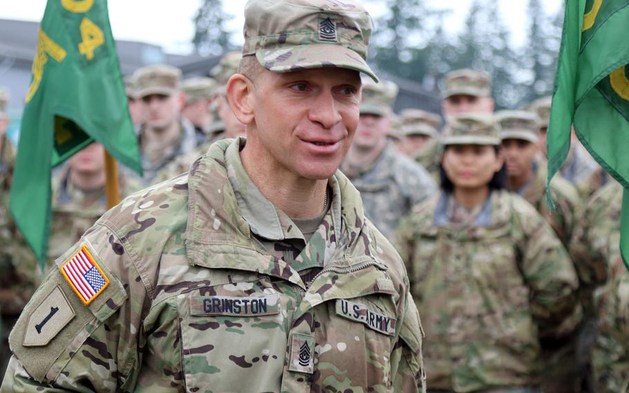 Command Sgt. Maj. Michael Grinston addresses soldiers during a ceremony to present the FORSCOM Eagle Award on Jan. 9 2019. Grinston on Friday, Aug. 9, 2019, became the 16th sergeant major of the Army.