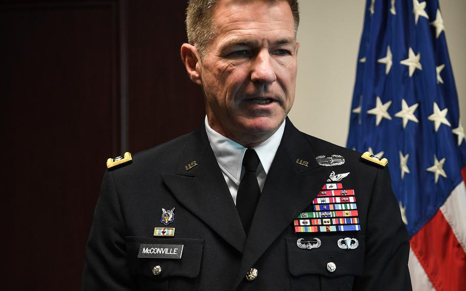 Gen. James C. McConville hosts a promotion ceremony in honor of his son, Cpt. Ryan McConville at the Pentagon in Arlington, Va., May 2, 2019. McConville was sworn in Friday, Aug. 9, 2019, as the Army’s 40th chief of staff.