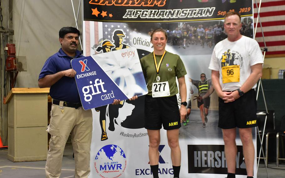 Army Capt. Shaye Haver of Copperas Cove, Texas, won first place among women at the Army Ten-Miler event at Bagram Airfield in Afghanistan on Friday, Sept. 20, 2019, with a time of 1 hour, 17 minutes. 