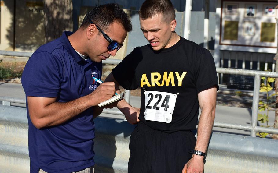 Army Spc. Joseph Schow won first place among men at the Army Ten-Miler event at Bagram Airfield, Afghanistan, on Friday, Sept. 20, 2019, with a time of 1 hour, 7 minutes. 