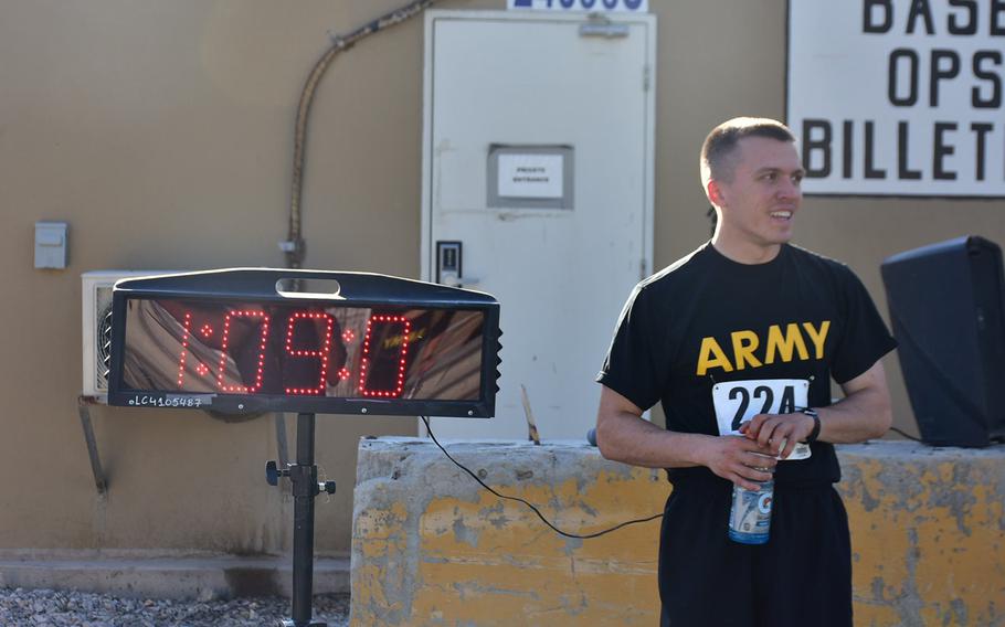 Army Spc. Joseph Schow won first place among men at the Army Ten-Miler event at Bagram Airfield on Friday, Sept. 20, 2019, with an official time of 1 hour, 7 minutes.