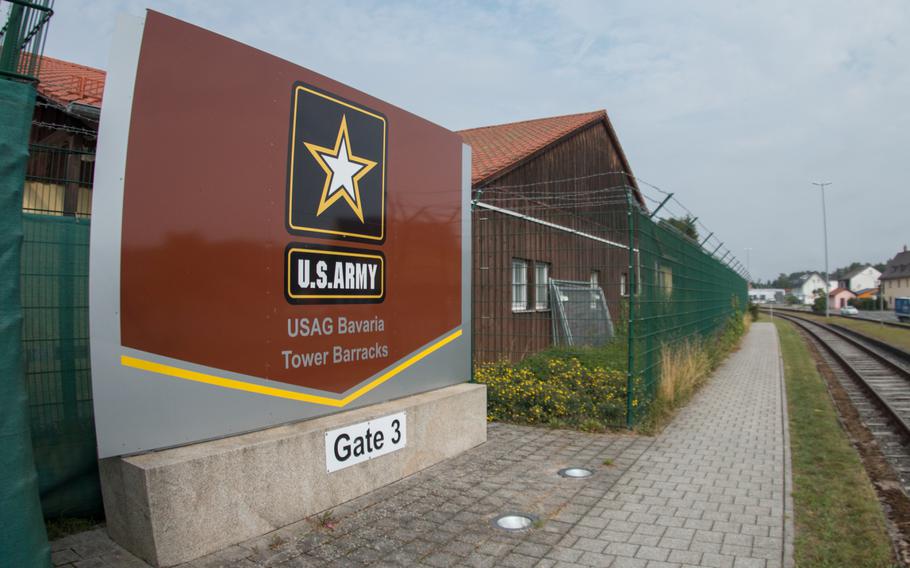 Gate 3 at Tower Barracks in Grafenwoehr, Germany. A suspicious item, possibly unexploded World War II-era ordnance, was found outside the barracks on Wednesday, Oct. 18, 2017.