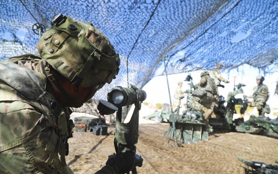 Soldiers conduct fire operations during Decisive Action Rotation 20-05 at the National Training Center in Fort Irwin, California, on March 11, 2020. Army combat training centers become the latest to cancel operations because of the coronavirus.