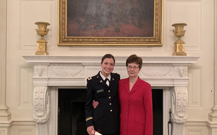 Second Lt. Lauren Shappell brought her mother Cynthia Shappell, a former Army major, to support her at a commencement ceremony held Friday at the White House for 20 students ranging in age from 5 to 50. The new officer was selected for the opportunity by the Army Cadet Command. 