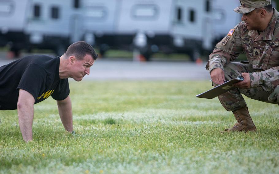 Soldiers from the U.S. Army Medical Command participate their semiannual physical fitness test on May 5, 2019, at Fort Belvoir, Va. 