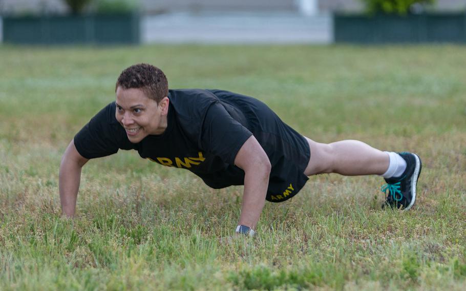 Soldiers from the U.S. Army Medical Command participate their semi-annual physical fitness test on May 5, 2019, at Fort Belvoir, Va. 