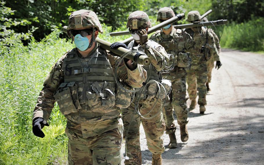 New York Army National Guard Soldiers assigned to Bravo Company, 152 Brigade Engineer Battalion conduct demolition training at Fort Drum, N.Y., on July 15, 2020.  Jul. 15. 