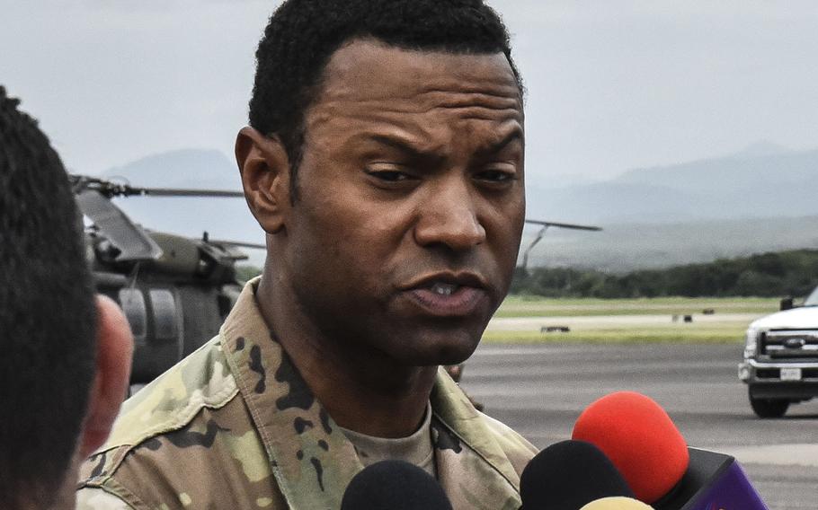 U.S. Army Col. Kevin Russell is interviewed by Honduran reporters after a change of command ceremony in July, 2018 at Soto Cano Air Base, where he assumed command of Joint Task Force-Bravo.