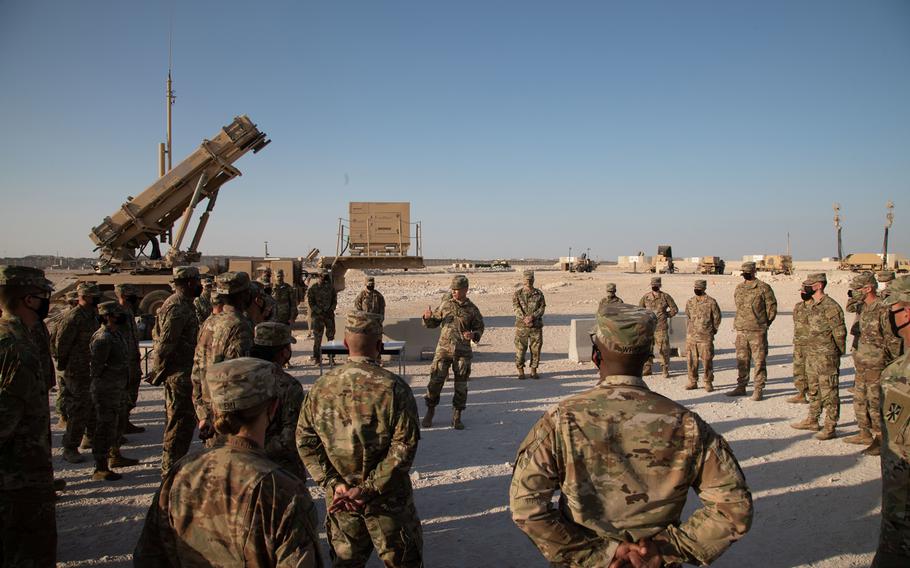 Sergeant Major of the Army, Michael A. Grinston, speaks to Soldiers of 11th Air Defense Artillery Brigade during a visit to Al Udeid Airbase, Qatar, Dec. 17, 2020. 