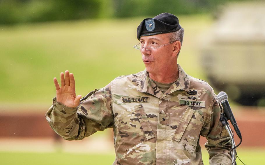 Brig. Gen. David A. Lesperance delivers remarks during a ceremony in 2019 at Fort Benning, Ga. He has been selected to be the commander of the 2nd Infantry Division in South Korea.  
