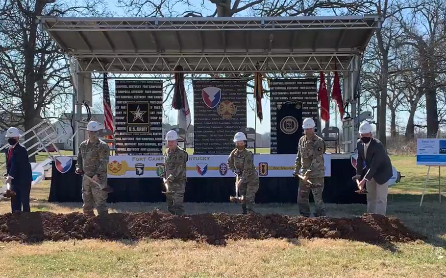 Officials from the Army and Lendlease on Thursday, March 4, 2021, mark the first of two housing projects that will build or renovate about 1,200 homes at Fort Campbell, Ky., Construction will continue for the next five to 10 years and focus on housing for junior enlisted personnel. 