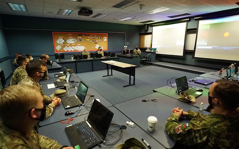 Soldiers at the Fort Sill Non-Commissioned Officer’s Academy in Oklahoma meet for their extremism stand-down in March 2021. 