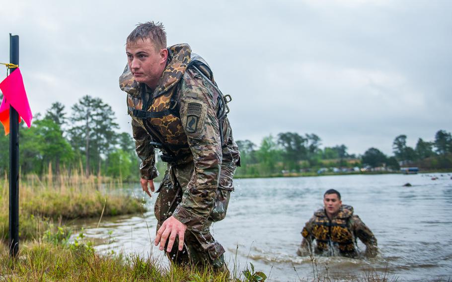 U.S. Army Rangers complete a swimming event at Fort Benning, Ga., during the challenging Best Ranger Competition, part of the annual Infantry Week competition in April 2019.