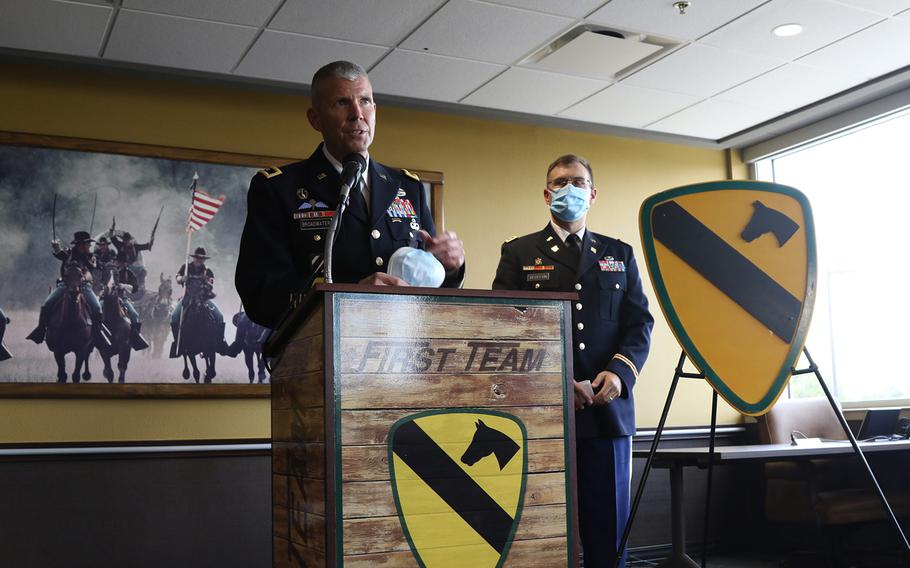 Maj. Gen. Jeffery Broadwater, commanding general, 1st Cavalry Division, speaks at a press conference held Aug. 26, 2020 at Fort Hood.