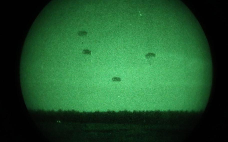 Paratroopers of the 82nd Airborne Division conduct heavy drop operations at Fort Polk, La., in February 2021. The division's troops are scheduled to jump in Estonia during Swift Response 21, a joint, multinational airborne exercise in Europe involving more than 7,000 paratroopers from 10 NATO nations. 

