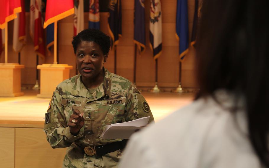 Maj. Gen Donna Martin, Army provost marshal general and commander of Army Criminal Investigation Command, at Aberdeen Proving Ground's Black History Month Observance on Feb. 23, 2021. Martin announced a restructuring of the criminal investigative agency on Thursday, May 6, 2021.