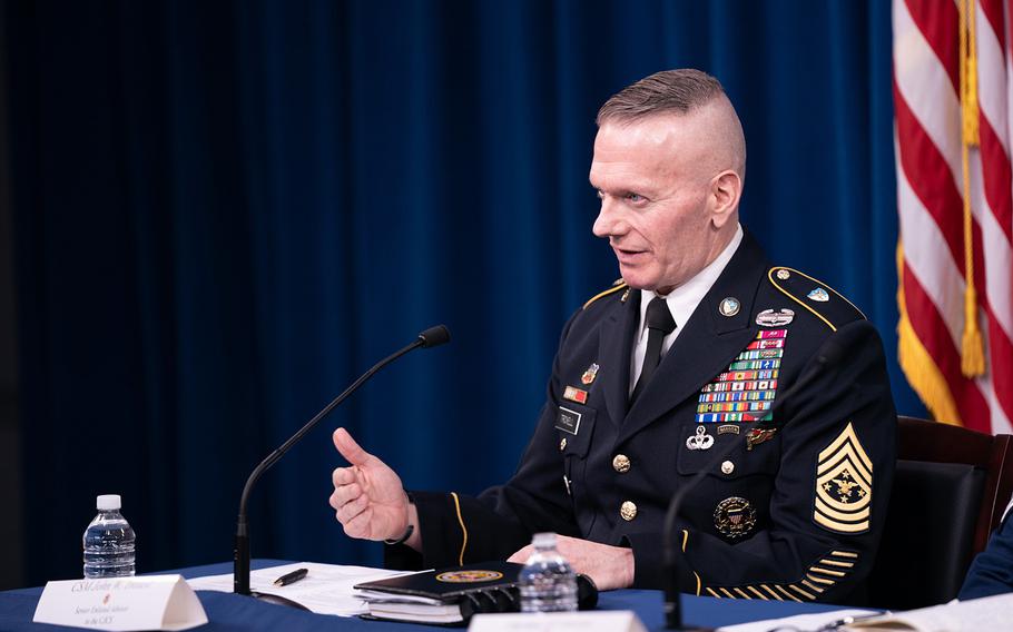 Army Command Sgt. Maj. John Wayne Troxell, senior enlisted adviser to the chairman of the Joint Chiefs of Staff, speaks as he prepares to depart the position during a news briefing in the Pentagon Press Briefing Room  on Dec. 9, 2019, in Washington.