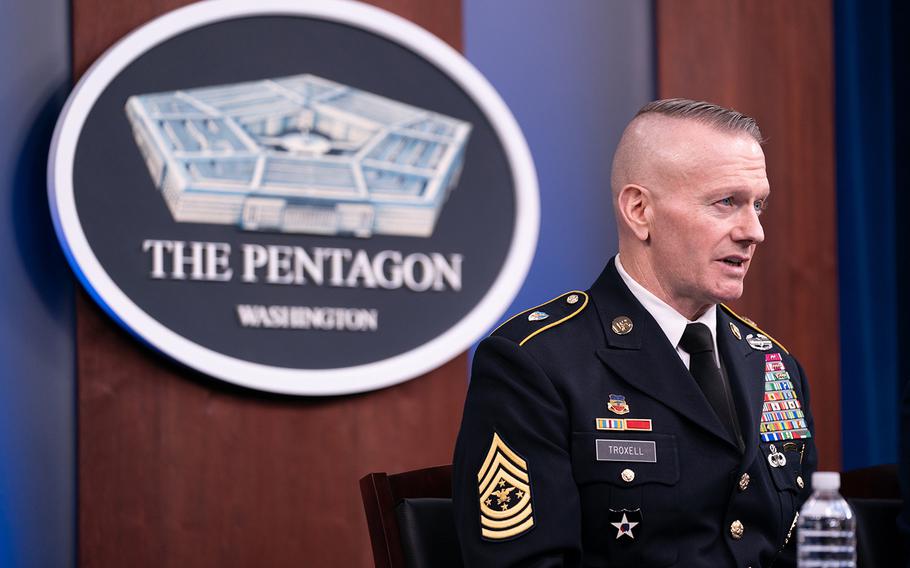 Army Command Sgt. Maj. John Wayne Troxell, senior enlisted adviser to the chairman of the Joint Chiefs of Staff, speaks as he prepares to depart the position during a news briefing in the Pentagon Press Briefing Room  on Dec. 9, 2019, in Washington. Troxell will be handing the duties off to Air Force Chief Master Sgt. Ramon Colon-Lopez, incoming Senior Enlisted Advisor to the Chairman of the Joint Chiefs of Staff. 