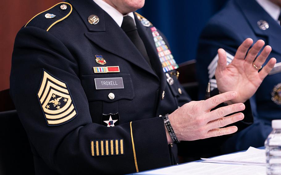 Army Command Sgt. Maj. John Wayne Troxell, senior enlisted adviser to the chairman of the Joint Chiefs of Staff, speaks as he prepares to depart the position during a news briefing in the Pentagon Press Briefing Room  on Dec. 9, 2019, in Washington. Troxell wore the new rank insignia for his position while meeting with reporters Monday ahead of his retirement Friday.
