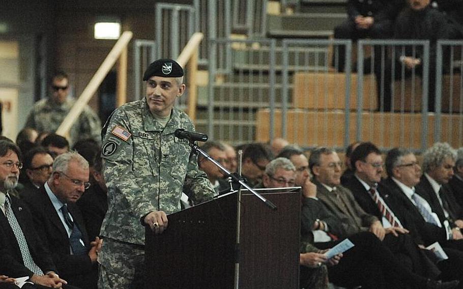 Col. James E. Saenz speaks after assuming command of U.S. Army Garrison Grafenwoehr on Tuesday.