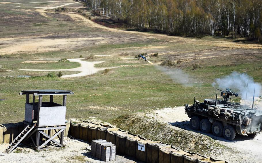 A Javelin missile launched from a Stryker armored vehicle equipped with a CROWS-J missile launcher, during a live-fire exercise at Grafenwoehr, Germany, Tuesday, April 16, 2019.