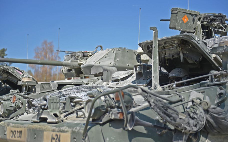 A row of Stryker armored vehicles during a live-fire exercise at Grafenwoehr, Germany, Tuesday, April 16, 2019.