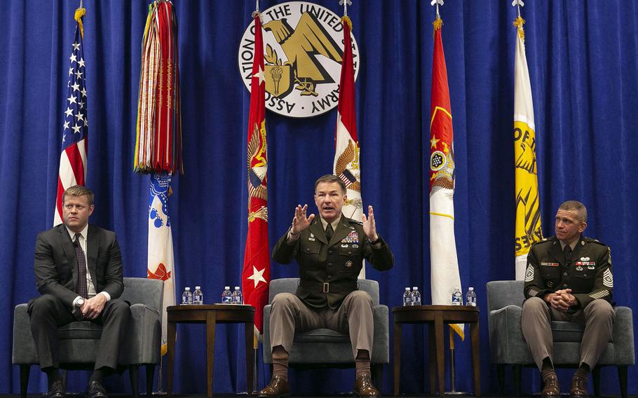Army Chief of Staff Gen. James McConville, center, speaks at the 2019 AUSA Annual Meeting and Exposition in Washington, D.C., Oct. 15, 2019. Sitting with McConville is Secretary of the Army Ryan McCarthy, left, and Sgt. Maj. Michael Grinston.