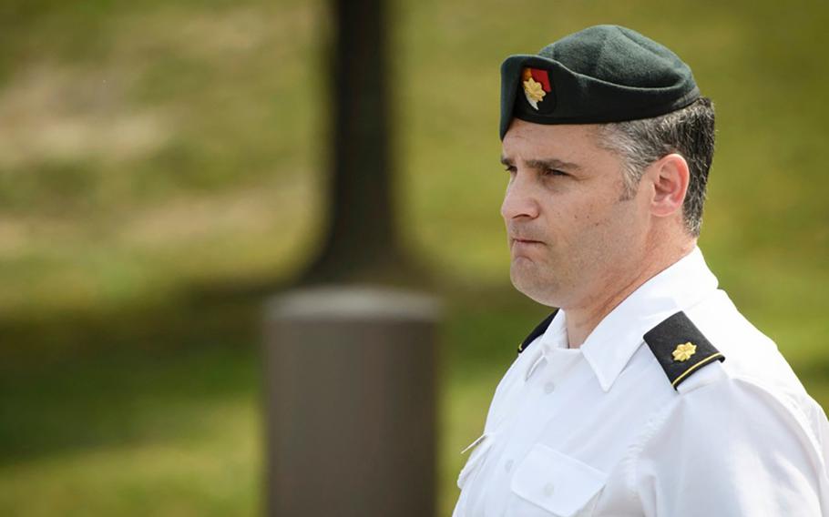 Maj. Mathew Golsteyn, a former Army Special Forces soldier, leaves the Fort Bragg, N.C. courtroom facility on June 27, 2019, after an arraignment hearing where he entered a plea of not guilty in the killing of an unarmed Afghan national in 2010.