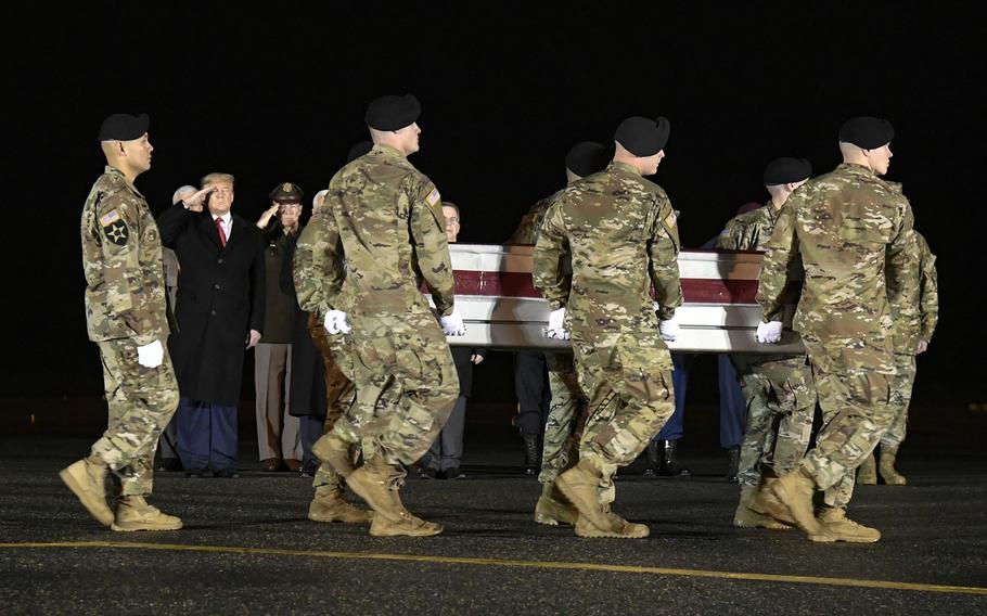 A U.S. Army carry team transfers the remains of Sgt. 1st Class Antonio R. Rodriguez, of Las Cruces, N.M., at Dover Air Force Base, Del.,  Feb. 10, 2020.