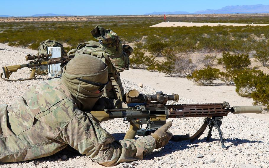 A 1st Stryker Brigade Combat Team, 1st Armored Division soldier fires the Squad Designated Marksman Rifle in January 2019 at Fort Bliss, Texas. Between 5,000 and 6,000 of the new rifles will be delivered through mid-2021.