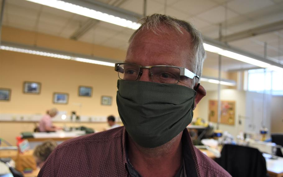 Marcus Ziegler has put his sewing skills to use this week making face masks for civilians with the Theater Logistics Support Center Europe. On Wednesday, Ziegler and his colleagues made 240 masks at Kaiserslautern Army Depot, Germany.