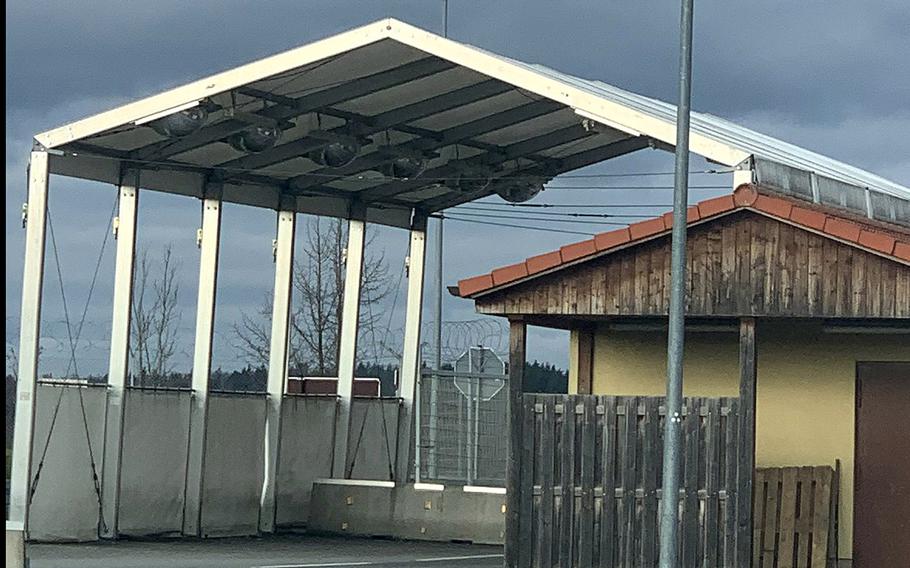 The main gate on Vilseck Army Base, Germany. An American soldier stationed at Vilseck called police officers Nazis, kicked them and bit one in the leg Sunday night in Nuremberg, German police said.