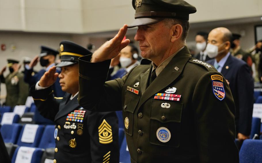 U.S. Forces Korea commander Gen. Robert Abrams wears the new Army Green Service Uniform during a ceremony marking the 70th anniversary of the Korean War at Camp Humphreys, South Korea, Thursday, June 25, 2020. The uniform is modeled in the service's iconic World War II-era "pinks and greens."