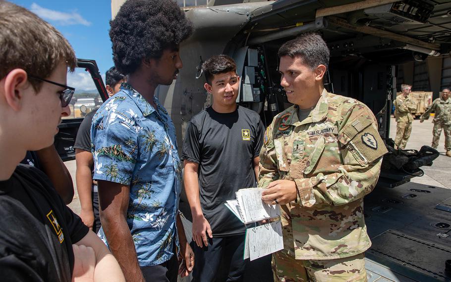 Recruits visit the 25th Combat Aviation Brigade at Wheeler Army Airfield, Hawaii, as part of Army National Hiring Days, June 30, 2020.