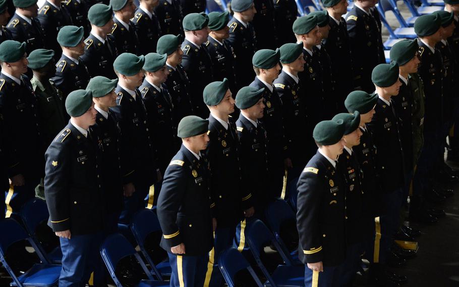 Soldiers assigned to the U.S. Army John F. Kennedy Special Warfare Center and School, receive their green berets during a Regimental First Formation at the Crown Arena in Fayetteville, North Carolina January 16, 2020. The first female Green Beret is set graduate from the special qualifications course on Thursday, July 9, 2020, according to New York congresswoman Rep. Elise Stefanik.