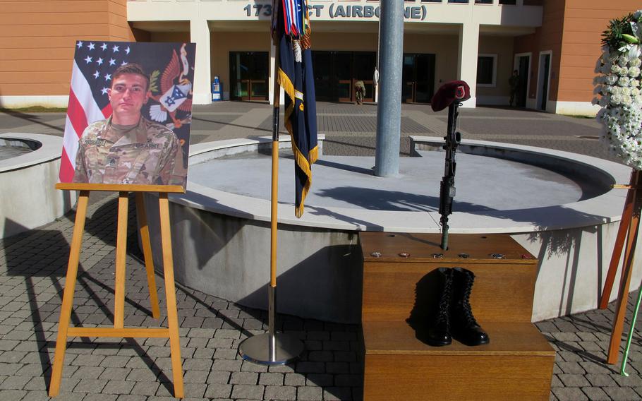Sgt. Cade Pendergraft, an infantryman with the 173rd Airborne Brigade who died last month in a hiking accident, was memorialized Friday, Oct. 16, 2020, at Caserma Del Din in Vicenza, Italy.
