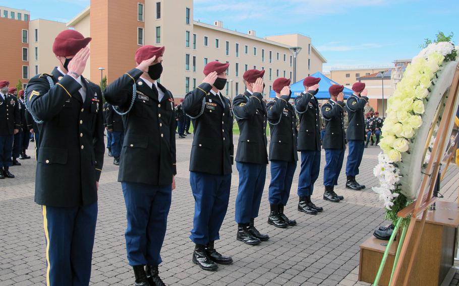 Soldiers with the 173rd Brigade's 2nd Battalion, 503rd Infantry Regiment give one last salute to Sgt. Cade Pendergraft during a memorial Friday, Oct. 16, 2020, in front of brigade headquarters in Vicenza, Italy. Pendergraft died in a hiking accident in September 2020.