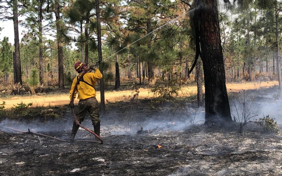 An equipment operator with the Fort Stewart-Hunter Army Airfield Forestry Branch extinguishes a fire at the base of a long leaf pine tree during a controlled burn, April 23 on Fort Stewart, Georgia. 