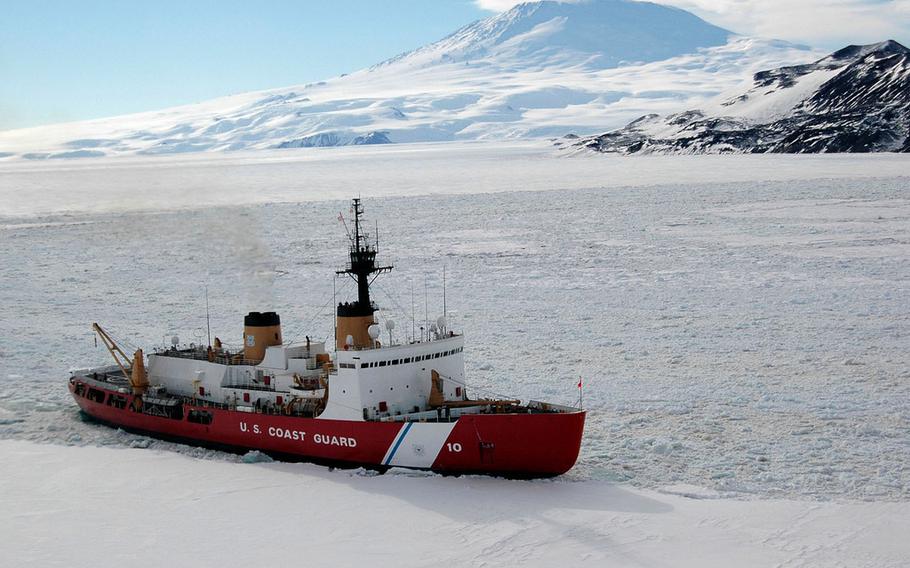 The U.S. Coast Guard’s Polar Star plows through ice in Antarctic waters, Feb. 15, 2006.