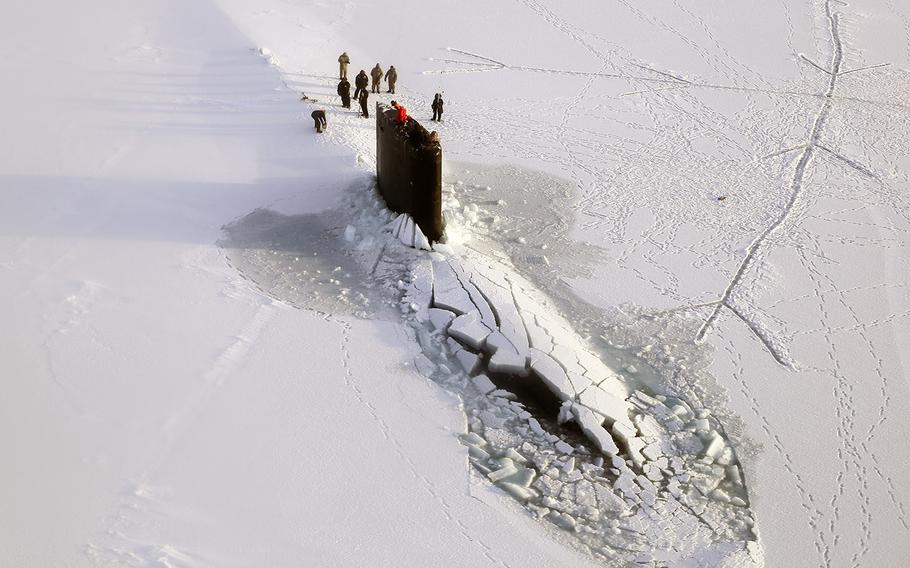 The Los Angeles-class submarine USS Hampton surfaces at U.S. Navy Ice Camp Nautilus, located on a sheet of ice adrift on the Arctic Ocean, as part of Ice Exercise 2014. In response to the Arctic's growing strategic importance, the U.S. has created the position of special representative for the Arctic and has named retired Adm. Robert Papp Jr. to fill the job.
