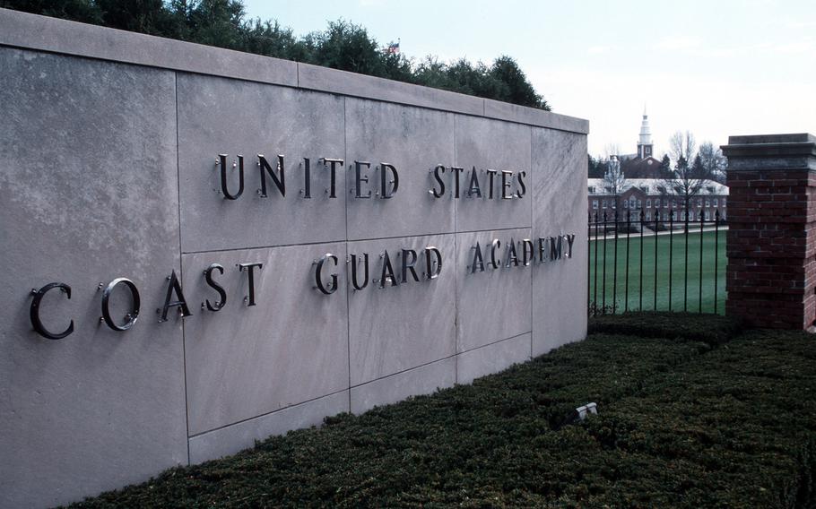 Sign for U.S. Coast Guard Academy facing Route 1 .