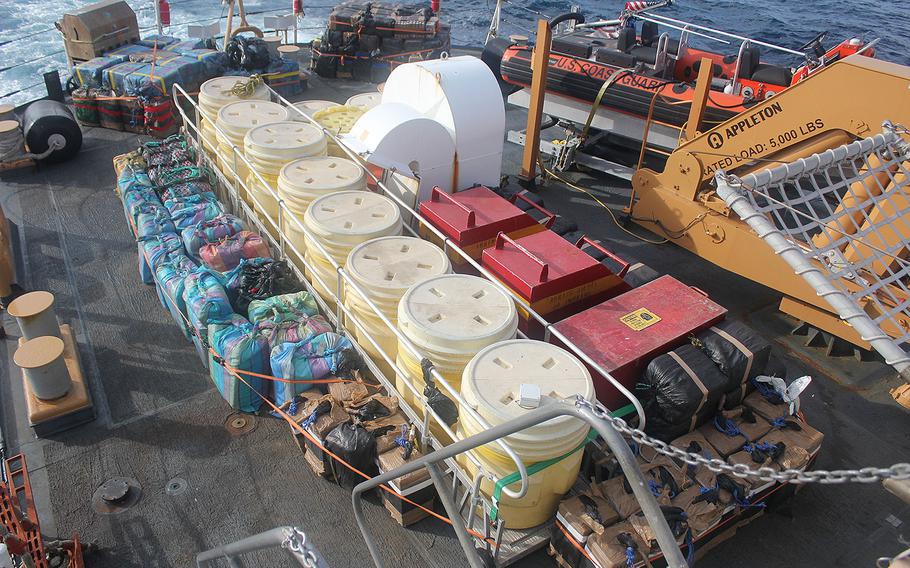 A view of cocaine on the fantail of the Coast Guard Cutter Mohawk. The cocaine was seized during an Eastern Pacific patrol in March 2017.