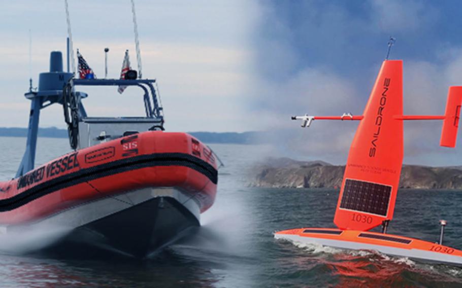 The U.S. Coast Guard is conducting a monthlong assessment in Hawaii on the efficacy of unmanned vessels in the service's mission using drones from SailDrone, right, and Spatial Integrated Systems, whose model is shown in a concept photo on the left.