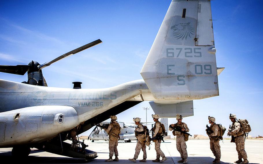 U.S. Marines with the 26th Marine Expeditionary Unit board an MV-22B Osprey at King Faisal Air Base in Jordan, June 14, 2013, during the Eager Lion exercises.