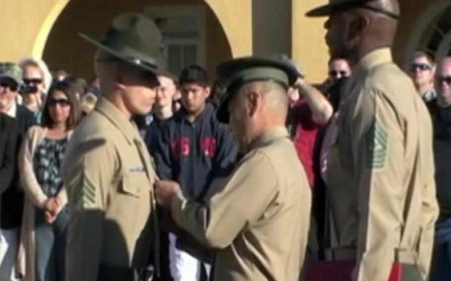 U.S. Marine Sgt. Phillip McCulloch of Mike Company, 3rd Recruit Training Battalion, Recruit Training Regiment, Marine Corps Recruit Depot (MCRD) San Diego, is awarded the Silver Star medal aboard MCRD San Diego, Calif, February 10, 2012. Sgt. McCulloch was awarded for actions in Sangin, Afghanistan with Kilo Company, 3rd Battalion, 5th Marine Regiment.